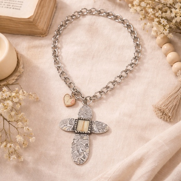 Crave Silver-Tone Paris Cross Necklace with Heart Charm - Picture 2 of 12